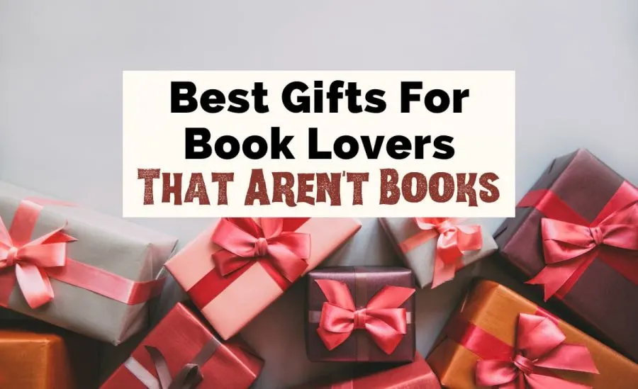 Best Gifts For Book Lovers That Aren't Books with presents of varying sizes wrapped with red bows and orange, brown, and pink paper