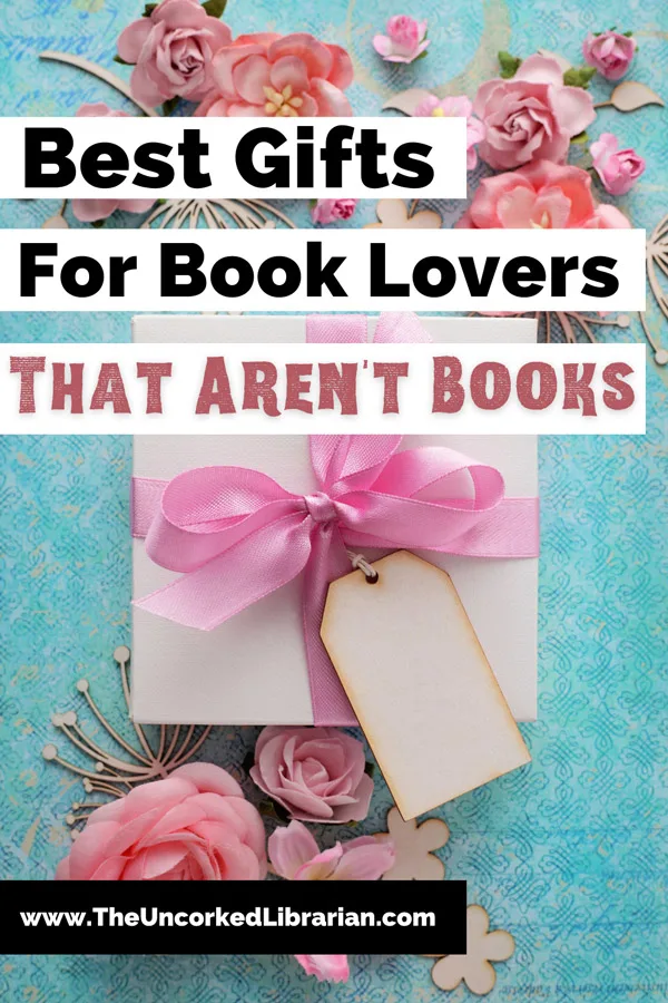 Book Themed Gifts For Book Lovers That Arent Books Pinterest Pin with white gift with pink bow and flowers