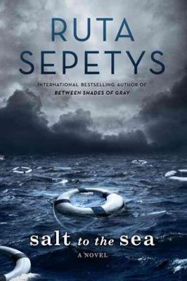 Salt to the Sea by Ruta Sepetys Sea with a floating life preserver in a blue sea with stormy gray sky