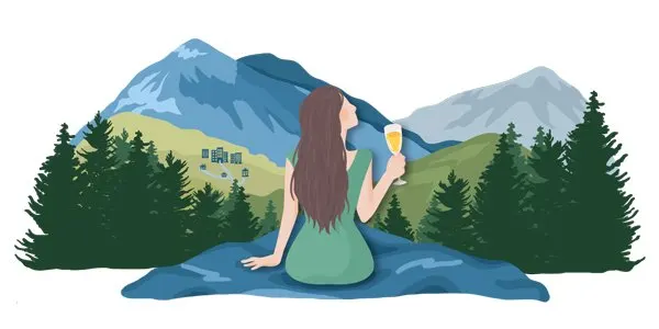 Uncorked Asheville North Carolina Travel Blog logo with illustrated white brunette woman in green dress holding a champagne glass and sitting on cliff overlooking blue, gray, and green mountains with green trees
