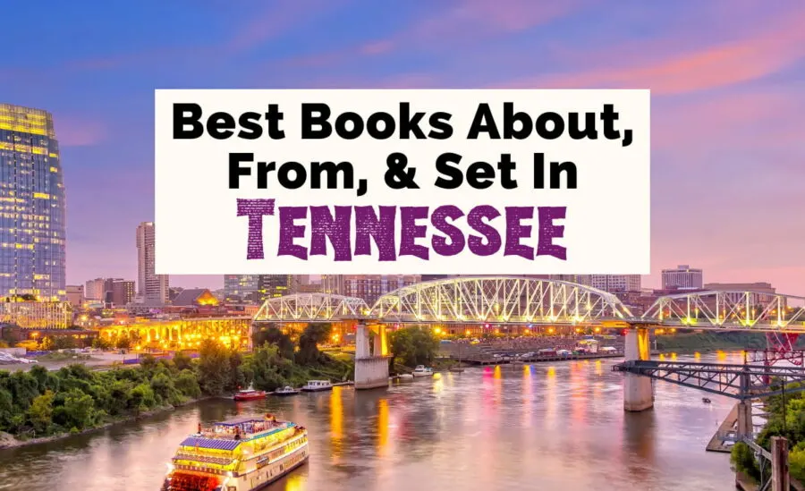 Best Books Set In Tennessee Featured cover photo with image of of Nashville city skyline with buildings and pink and purple sky