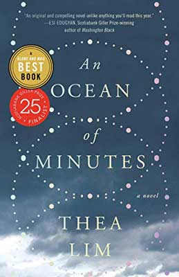 An Ocean of Minutes by Thea Lim book cover with blue cloudy like shy and dots in circular pattern