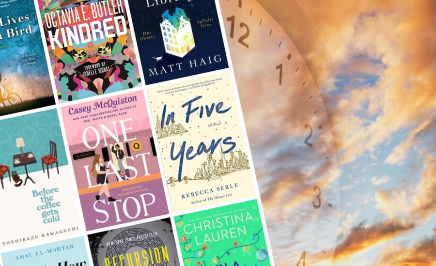 Time travel books collage and clock/cloud photo