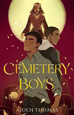 Cemetery Boys by Aiden Thomas book cover with illustrated two boys back to back with moon
