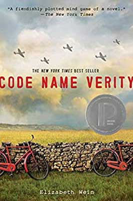 Code Name Verity by Elizabeth Wein  book cover with field with red bikes and clouds with planes in sky