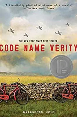 Code Name Verity by Elizabeth Wein book cover with field with red bikes and clouds with planes in sky