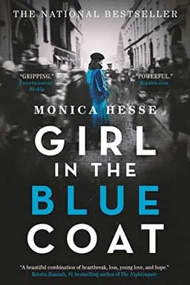 Girl in the Blue Coat by Monica Hesse book cover with black and white scene with young girl in bright blue coat as only color