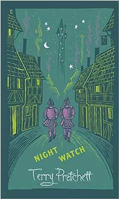 Night Watch by Terry Pratchett book cover with illustrated people in purple walking down street with green and yellow hued houses