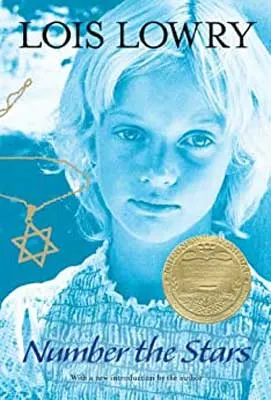 Number The Stars by Lois Lowry book cover with young woman with short hair and star necklace behind her