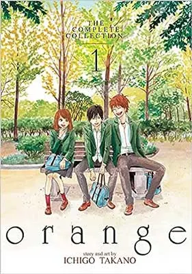 Orange by Ichigo Takano book cover with illustrated three people wearing brown slacks and green blazers with trees behind them