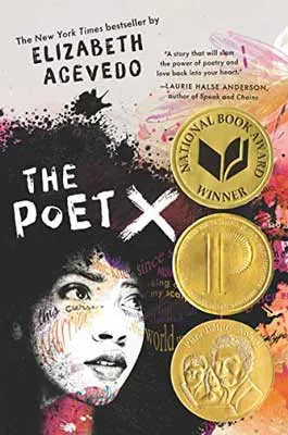The Poet X by Elizabeth Acevedo book cover with book awards and woman's face