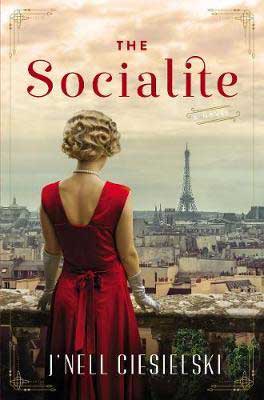 The Socialite by J'nell Ciesielski book cover with a white blonde woman in a red dress looking at the Eiffel Tower