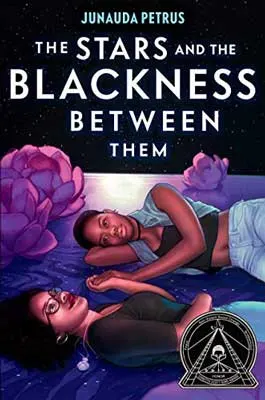 The Stars And Blackness Between Them by Junauda Petrus book cover with two young Black people lying down with purple flowers around them