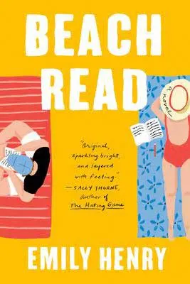 Beach Read by Emily Henry book cover with woman and man laying on beach towels with writing paper and pencils