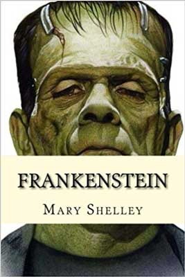 Frankenstein by Mary Shelley book cover with green monster face