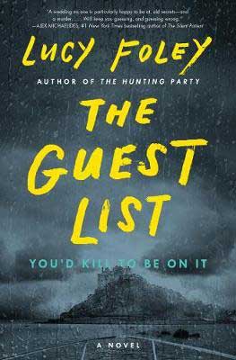 The Guest List by Lucy Foley book cover with spooky building on cliffs with dark stormy clouds and weather