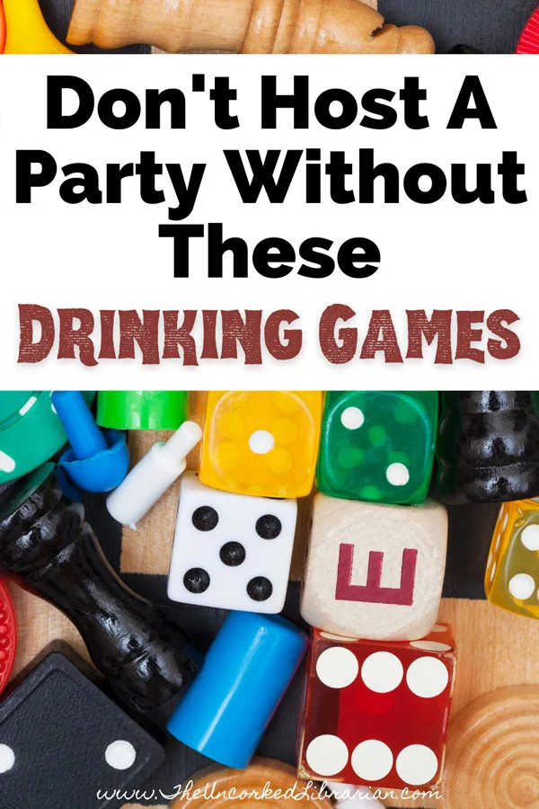 Adult Drinking Board Games Pinterest Pin with picture of game pieces, chess pieces, and dice