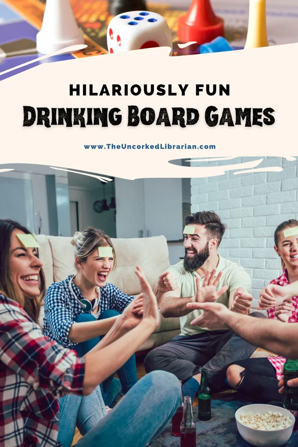 Best Adult Drinking Board Games For Parties Pinterest pin with game pieces and group of white females and males playing a game with drinks and popcorn