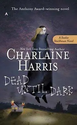 Best vampire book series, Dead Until Dark by Charlaine Harris cover with floating vampire holding a blonde woman over a burning house