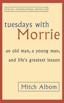 Tuesdays With Morrie by Mitch Albom tan and red book cover with no pictures