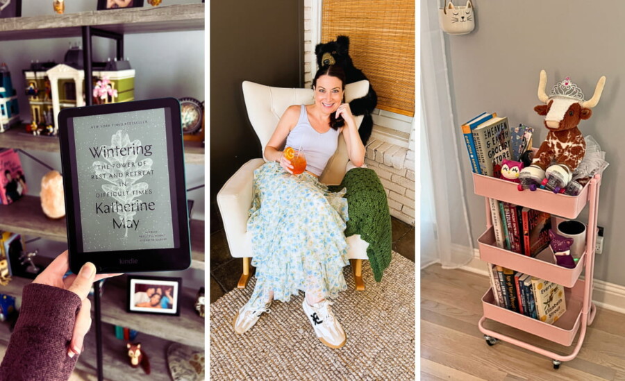 photo collage with Kindle, woman, and book cart