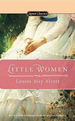 Little Women by Louisa May Alcott book cover with woman wearing white lace dress