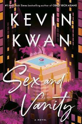 Book Set In Capri, Sex And Vanity By Kevin Kwan book cover with apartment building with someone floating in a pool on the rooftop surrounded by pink trees