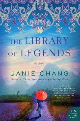 The Library Of Legends by Janie Chang book cover with woman carrying a red umbrella and walking down a path surrounded by mountains