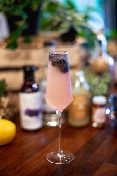 Blackberry Smash Cocktail champagne glass filled with pink drink and vodka with floating blackberries in front of a blurred backdrop of cocktail ingredients