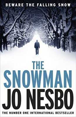 The Snowman by Jo Nesbo book cover with man walking in a snow-covered forest
