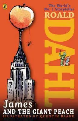 James and the Giant Peach by Roald Dahl orange book cover with giant peach on top of the Empire State building