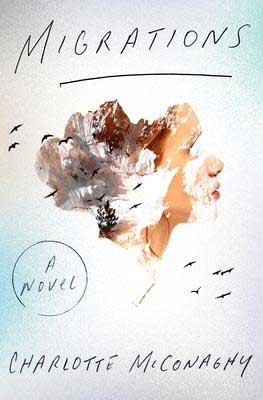 Migrations by Charlotte McConaghy book cover with birds flying over a valley