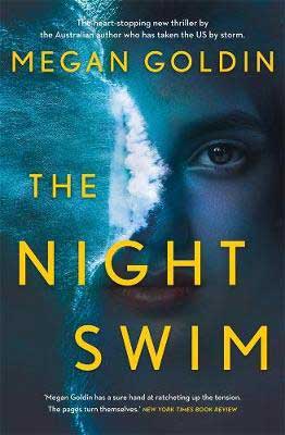 The Night Swim by Megan Goldin book cover with waves breaking on a beach with half woman's face