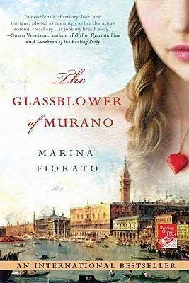 The Glassblower Of Murano by Marina Fiorato book cover with a young white woman wearing a red heart necklace and looking at Venice, Italy