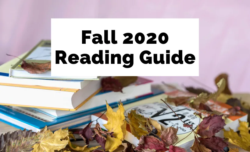 Fall 2020 Book Releases Reading Guide with pink background, books, and leaves