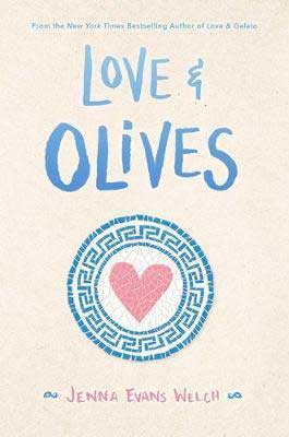 Love & Olives by Jenna Evans Welch book cover with heart inside Greek symbol
