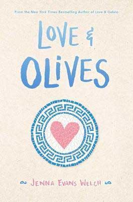 Love & Olives by Jenna Evans Welch book cover with heart inside Greek symbol