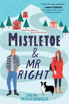 October 2020 romance book release, Mistletoe and Mr. Right by by Sarah Morgenthaler book cover with cartoon of man and woman in Alaska