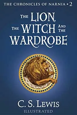 The Lion, The Witch, and The Wardrobe by CS Lewis book cover with lion in seal on blue background