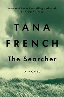 The Searcher by Tana French green book cover with clouds over a field