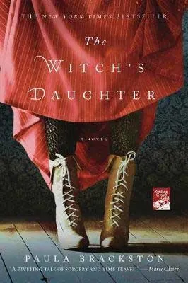 The Witch's Daughter by Paula Brackston book cover with bottom of person's legs in red garb with black rights and brown boots