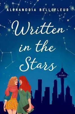LGBTQ+ November 2020 book release, Written in the stars by Alexandria Bellefleur book cover with two women looking into each other's eyes with city in the distance