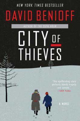 City Of Thieves by David Benioff book cover with man and woman walking on a snow covered ground