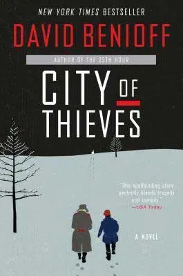 City Of Thieves by David Benioff book cover with man and woman walking on a snow covered ground