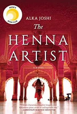 The Henna Artist by Alka Joshi book cover with woman wearing red sari in a red palace room