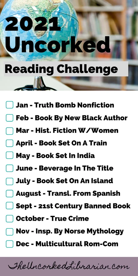 Uncorked Reading Challenge 2021 List with themes by month and picture of a globe in front of bookshelves