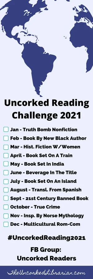Uncorked Reading Challenge 2021 Bookmark with 12 book themes by month