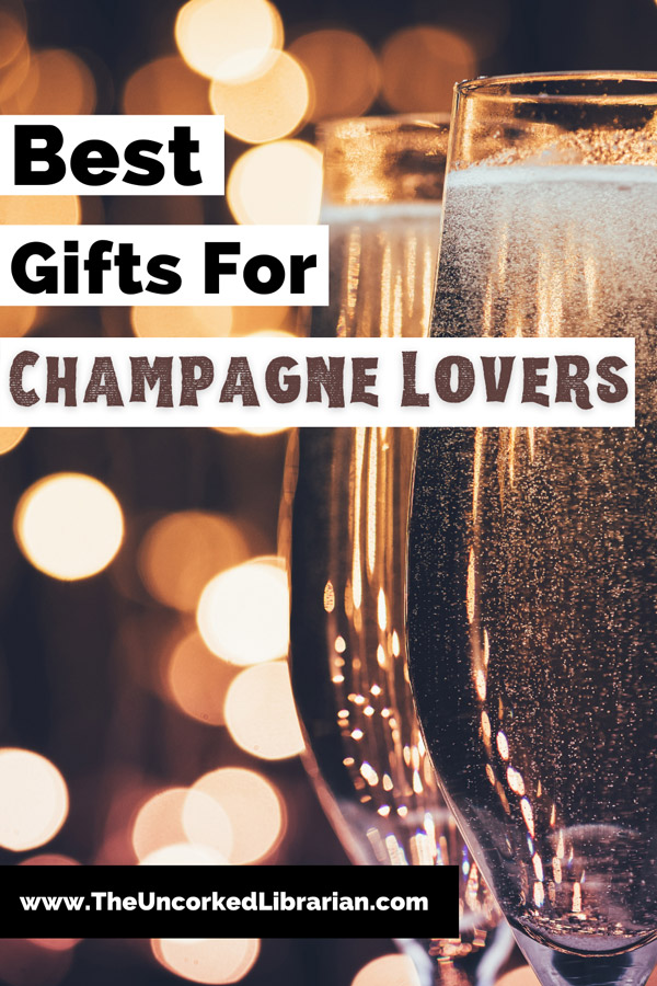 Champagne Gift Ideas Pinterest Pin with two glasses on bubbling champagne and blurred lights