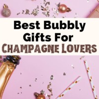 Champagne Gifts and Gifts For Champagne Lovers with pink background and gift package, straws, and open Champagne bottle