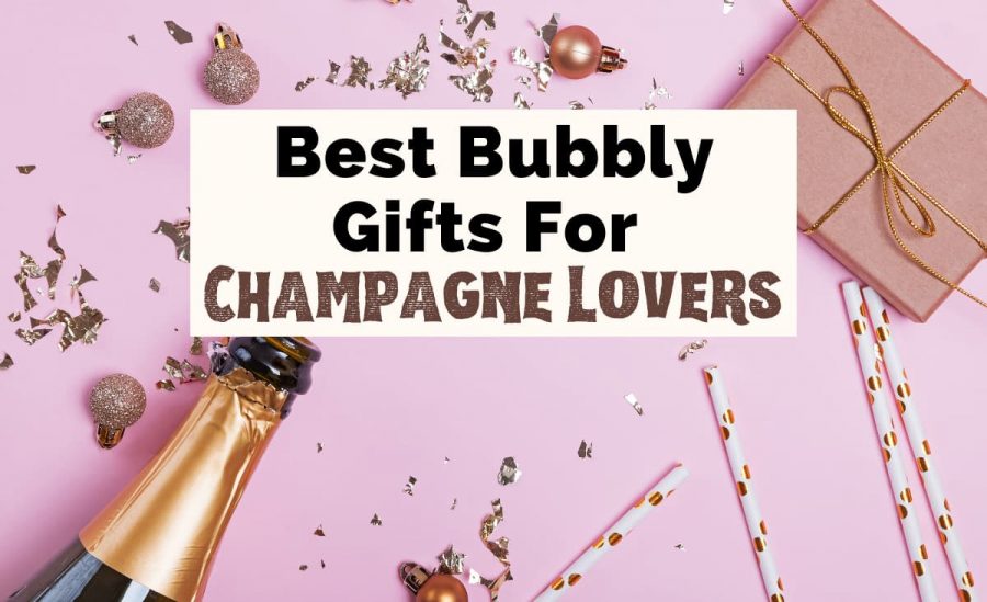 Champagne Gifts and Gifts For Champagne Lovers with pink background and gift package, straws, and open Champagne bottle